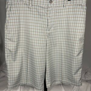 Adidas Plaid Baby Blue & Tan Golf, Athletic, Casual Shorts. Size 34 Length 22”